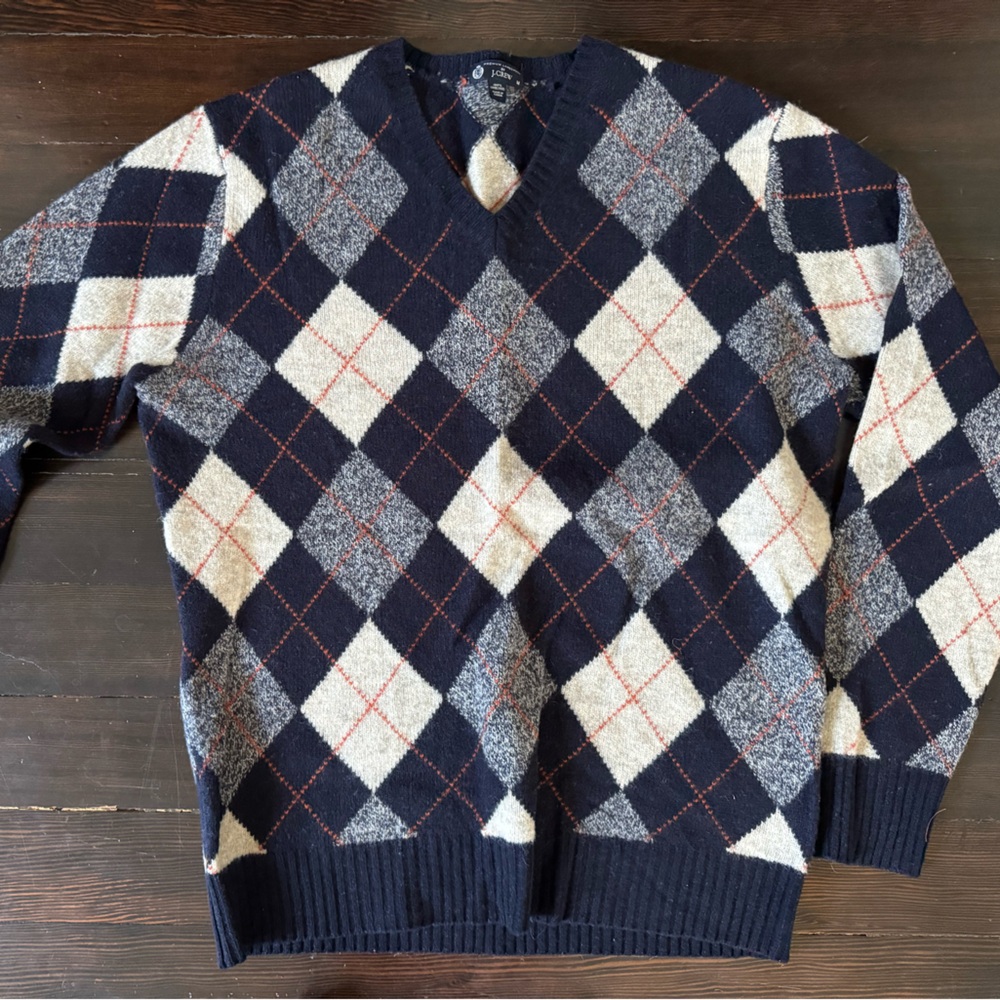 J. Crew Men's V-Neck Argyle Sweater - Navy, Gray, and Cream